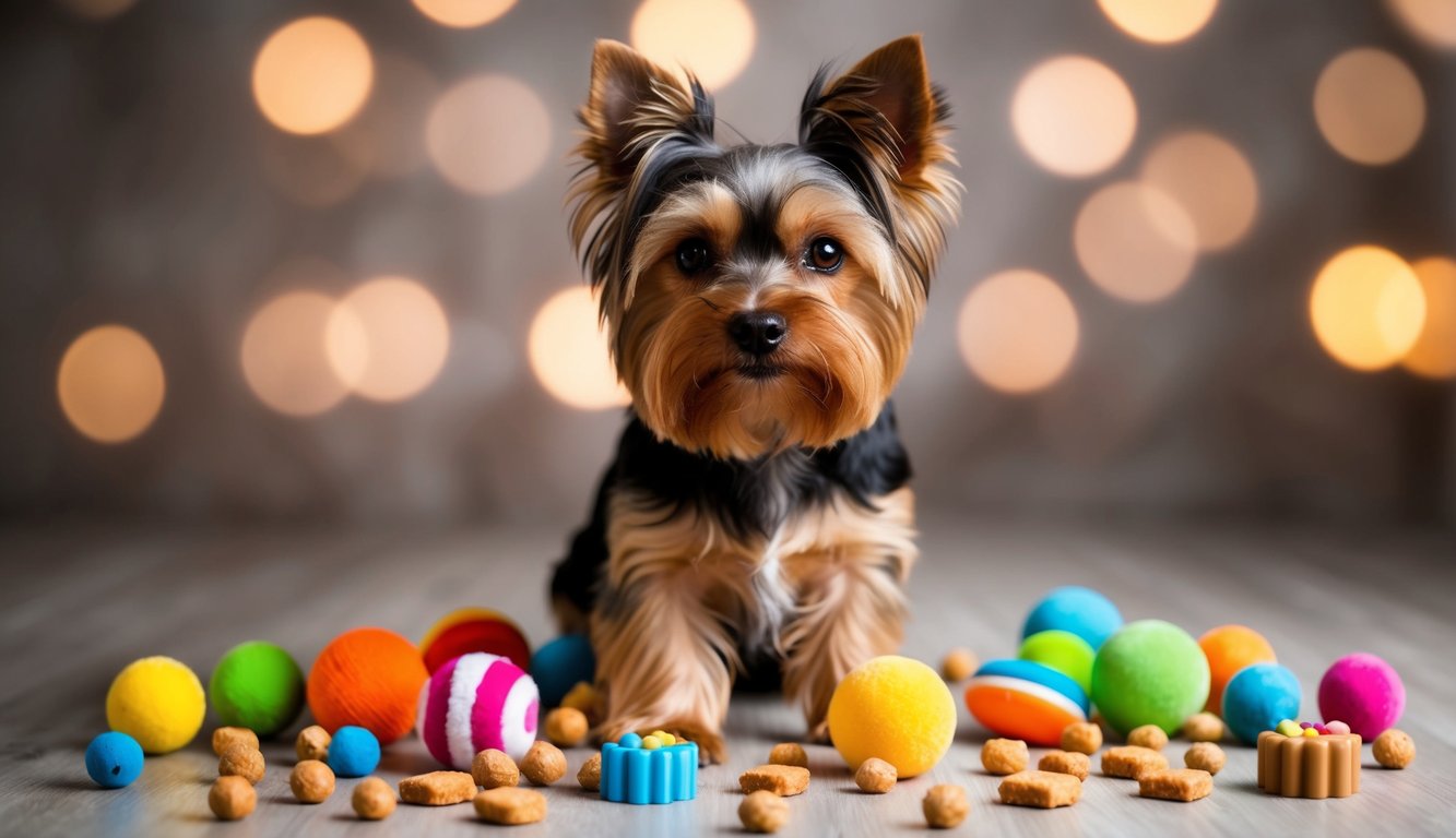 A Yorkshire Terrier surrounded by a variety of small, colorful toys and treats