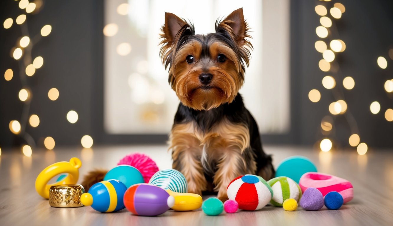 A Yorkshire Terrier named Bentley surrounded by 25 different adorable objects and toys