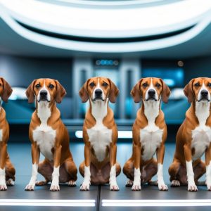 Six identical brown and white dogs, possibly named after trending Basenji names, sit in a futuristic room with curved lines and bright lighting.