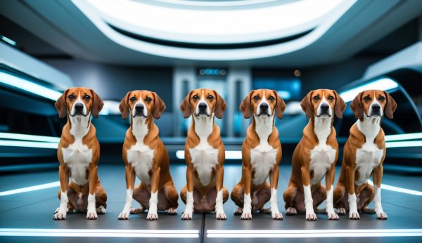 Six identical brown and white dogs, possibly named after trending Basenji names, sit in a futuristic room with curved lines and bright lighting.