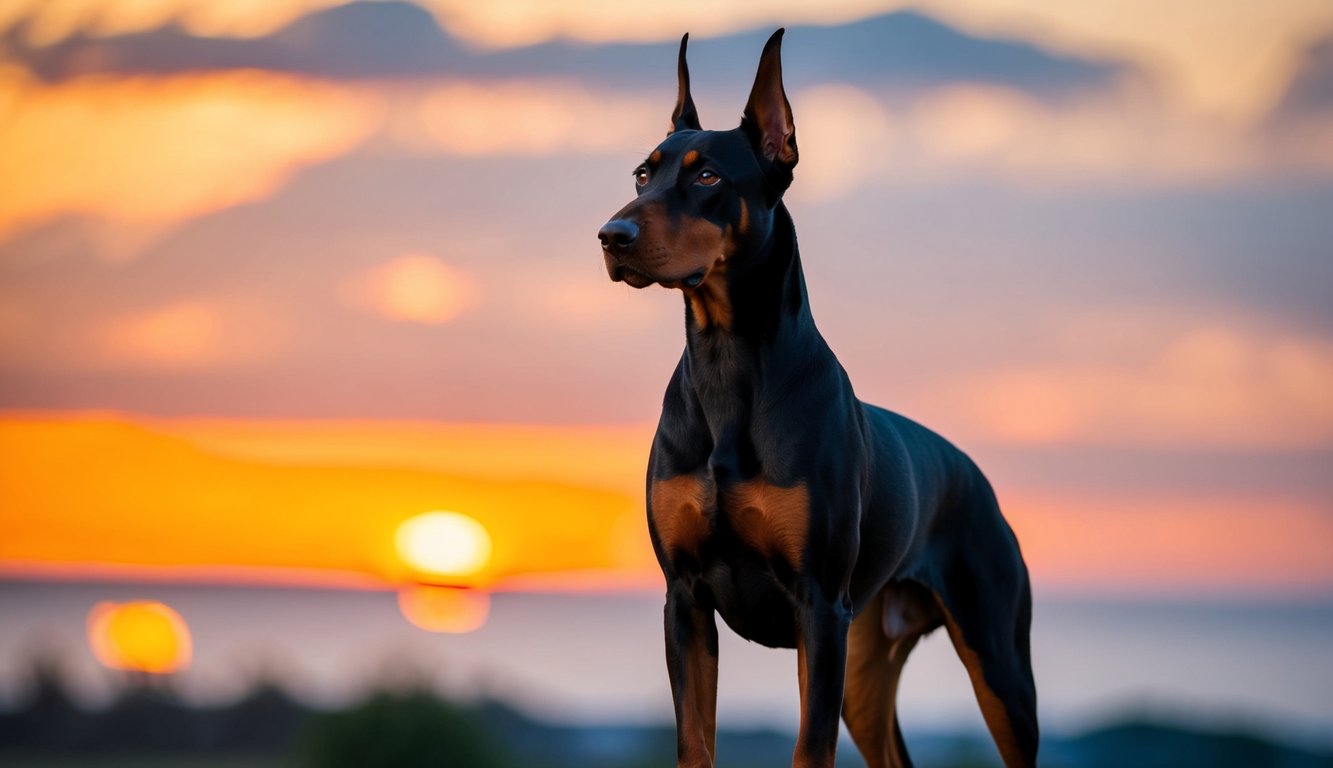 A Doberman pinscher with a strong, regal stance, standing proudly against a backdrop of a fiery sunset