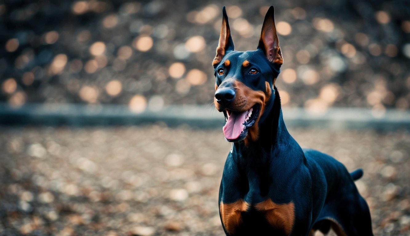 A Doberman Pinscher standing proudly with a fierce expression, muscles taut and ears alert, exuding power and strength
