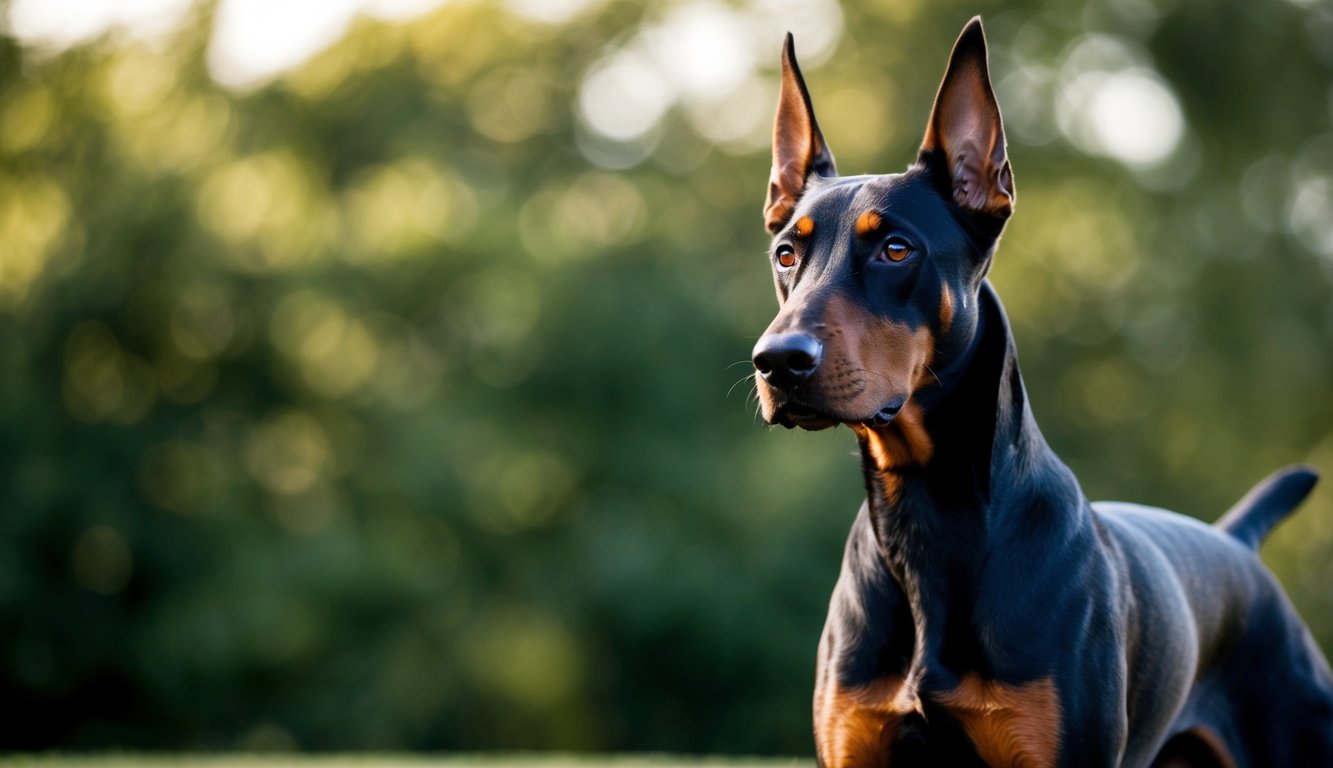 A Doberman Pinscher standing proudly with a strong, alert stance, ears erect and eyes focused, exuding power and confidence