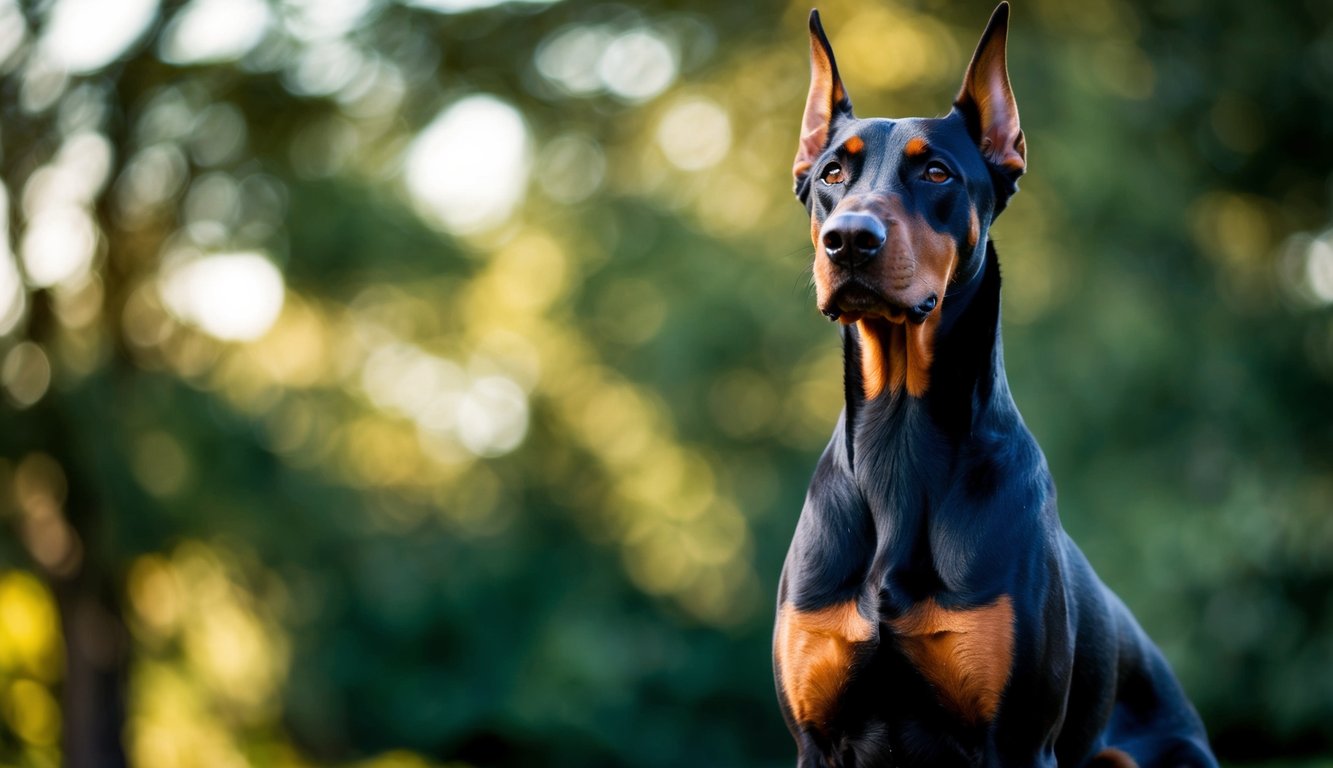 A regal Doberman pinscher stands proudly, with a strong and powerful stance, exuding confidence and strength