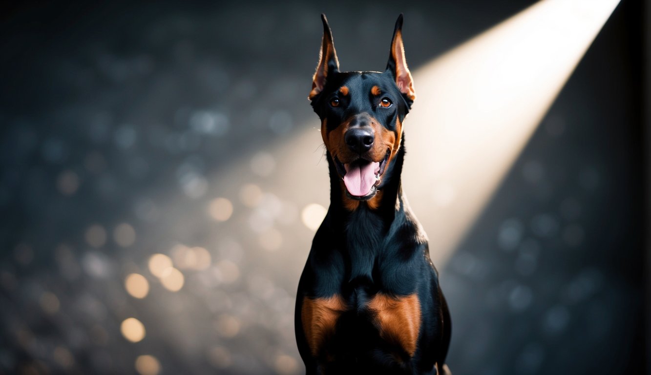 A regal Doberman Pinscher standing proudly with a fierce expression, surrounded by shadows and illuminated by a single beam of light