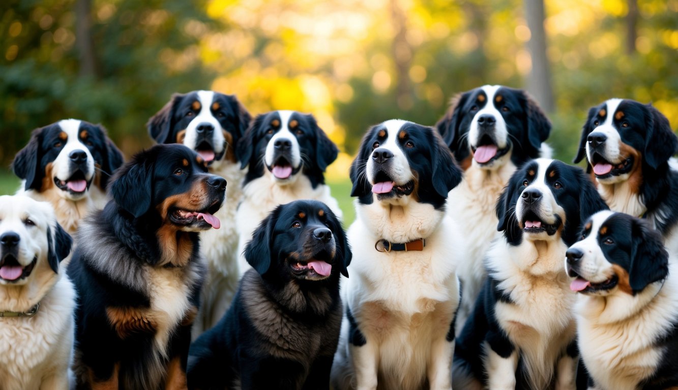 A group of 25 adorable Newfoundlands gathered in a heartwarming scene, wagging their tails and looking up with big, loving eyes