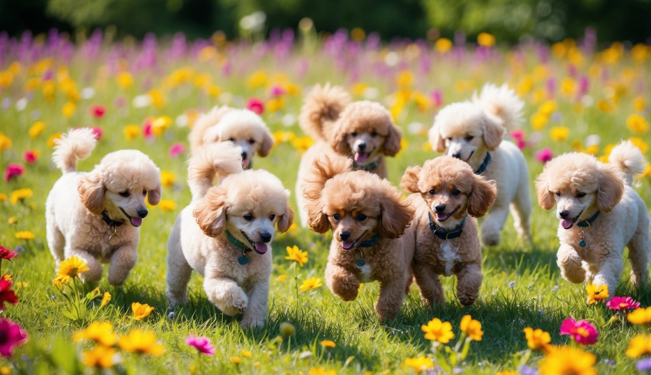 A group of miniature poodles playfully frolicking in a field of colorful flowers, their fluffy coats bouncing in the sunlight