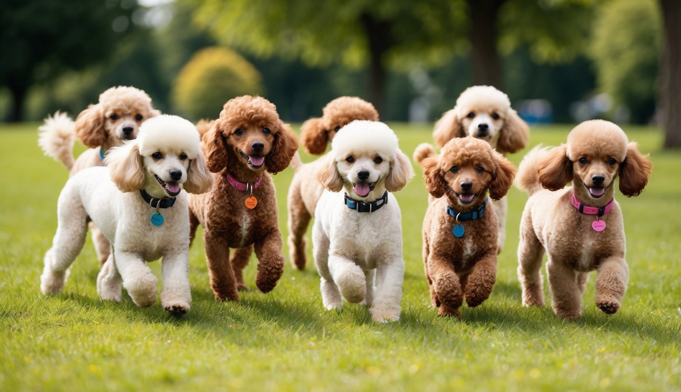 A group of 25 miniature poodles playing in a grassy park, each with a unique collar and tag