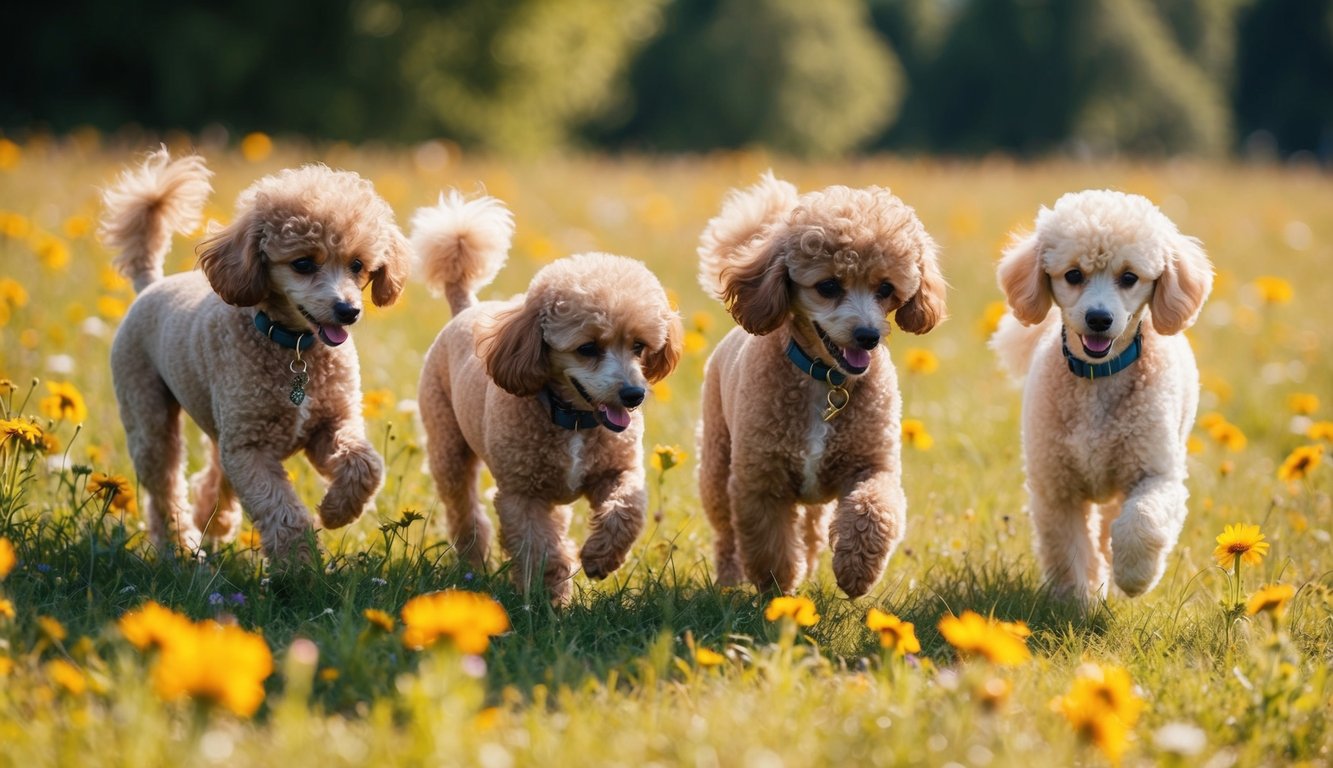 A group of miniature poodles playfully frolicking in a field of wildflowers, their fluffy coats glistening in the sunlight