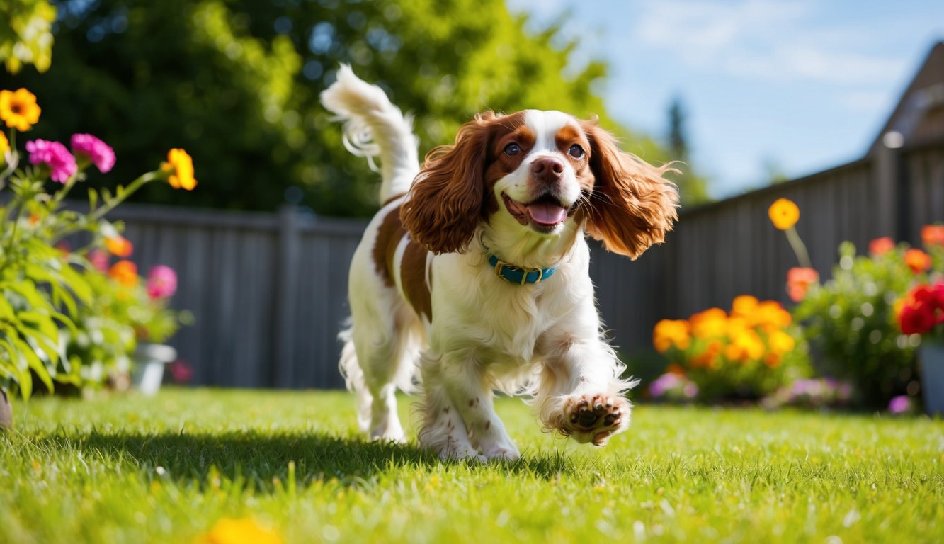 A Boykin Spaniel happily playing in a sun-drenched backyard, surrounded by colorful flowers and a clear blue sky