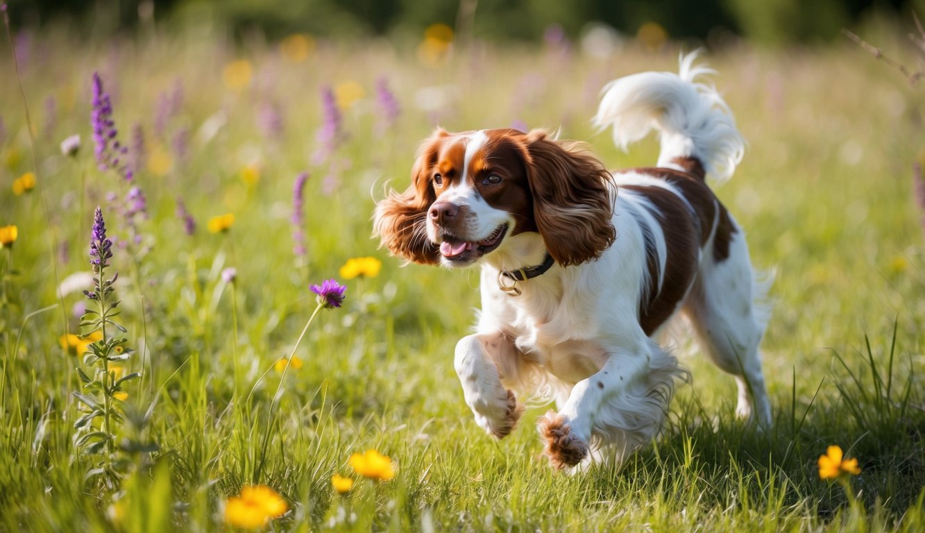 A Boykin Spaniel playing in a sunlit meadow, surrounded by wildflowers and tall grass, with a serene expression on its face