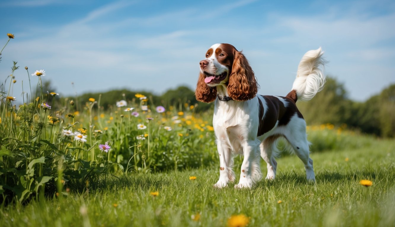 A Boykin Spaniel stands in a lush green field, surrounded by wildflowers and a clear blue sky. The dog's tail wags happily as it looks off into the distance