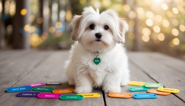 A small white Coton De Tulear with a green name tag reading "BRIE" sits on a wooden floor, surrounded by colorful pet name tags featuring different dog names.