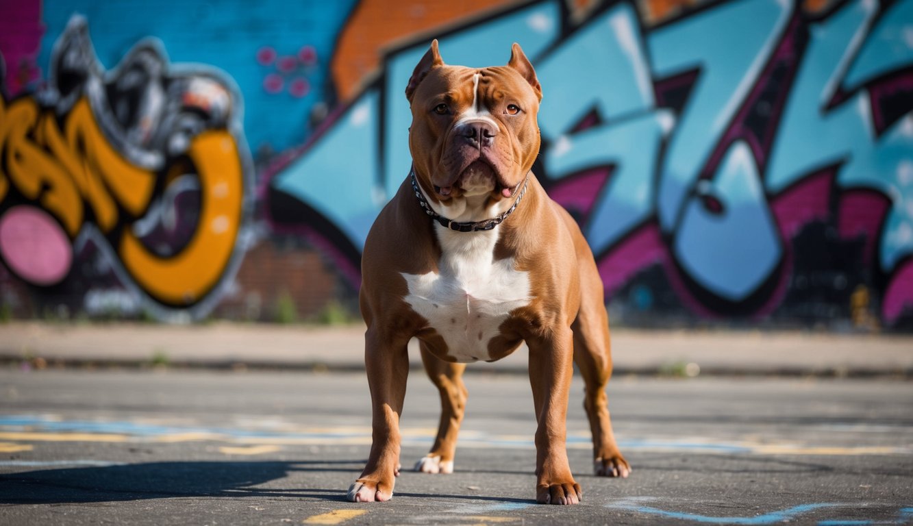 A muscular pitbull terrier stands proudly in front of a graffiti-covered wall, with its head held high and a determined look in its eyes