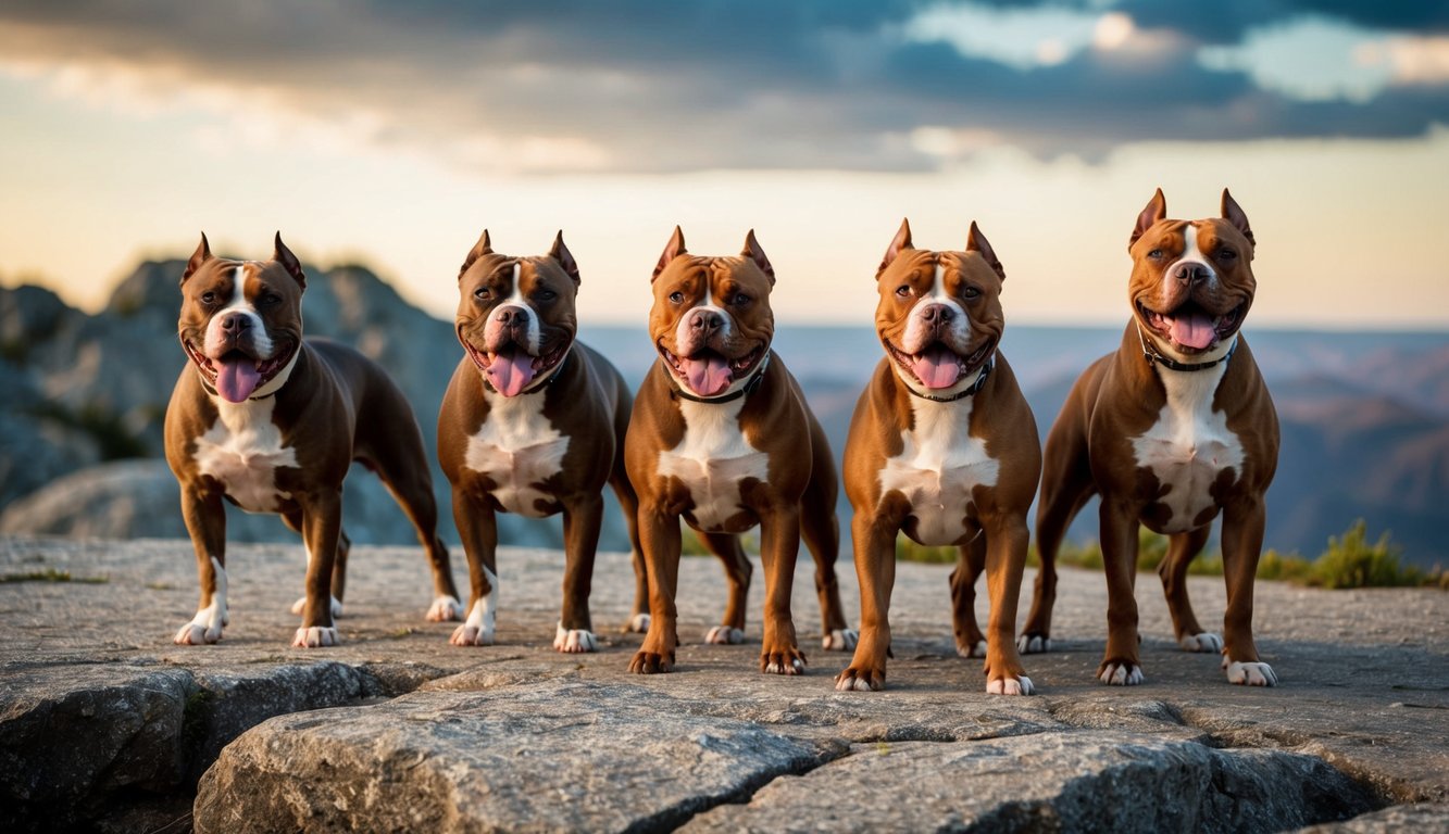 A pack of fierce pitbull terriers stand on rocky terrain, their powerful presence exuding strength and determination