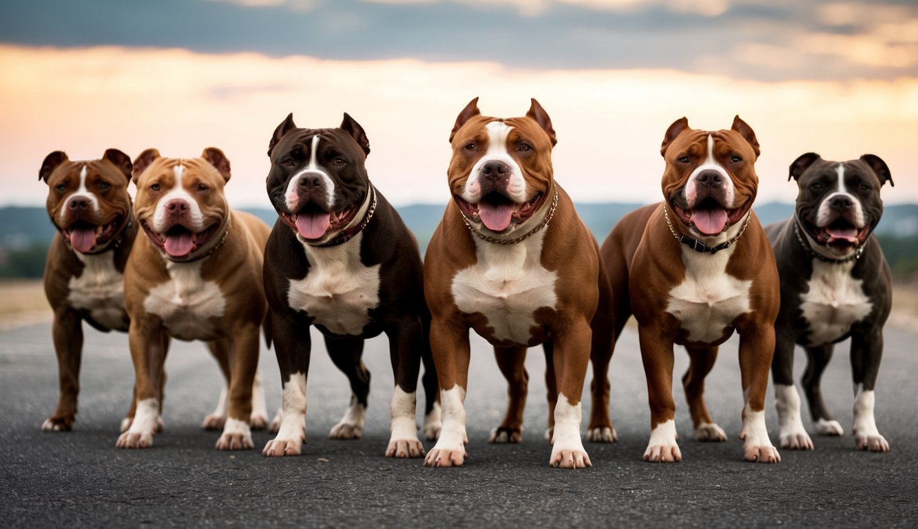 A pack of fierce pitbull terriers stand in a row, muscles bulging, jaws clenched, and eyes fixed on the horizon. Their powerful presence exudes strength and determination
