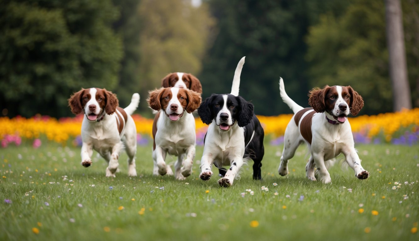 A group of English Springer Spaniels playing in a grassy field, surrounded by colorful flowers and tall trees