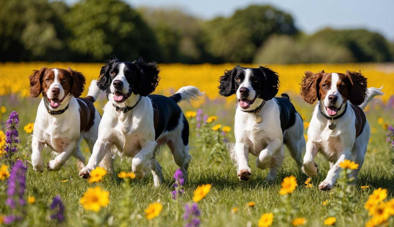 A group of English Springer Spaniels romping through a field of vibrant wildflowers under a bright, sunny sky