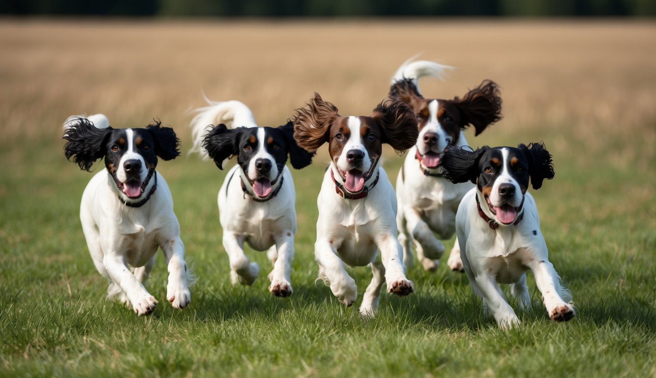 A group of English Springer Spaniels playfully frolic in a field, their tails wagging and ears flopping as they enjoy the outdoor freedom