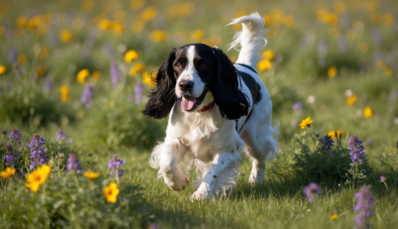 An English Springer Spaniel frolicking in a field of wildflowers