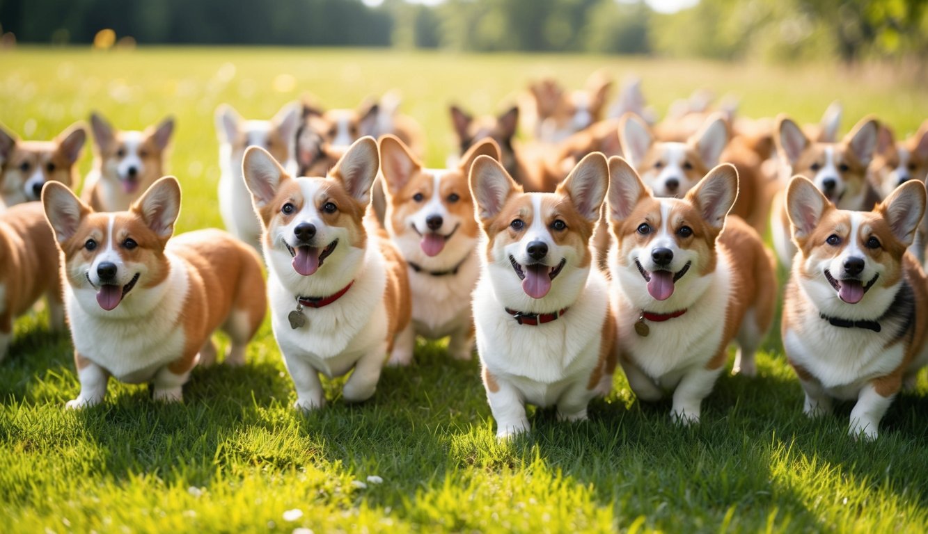 A lively field of 25 playful Pembroke Welsh Corgis, each with a unique name, frolicking in the sunshine