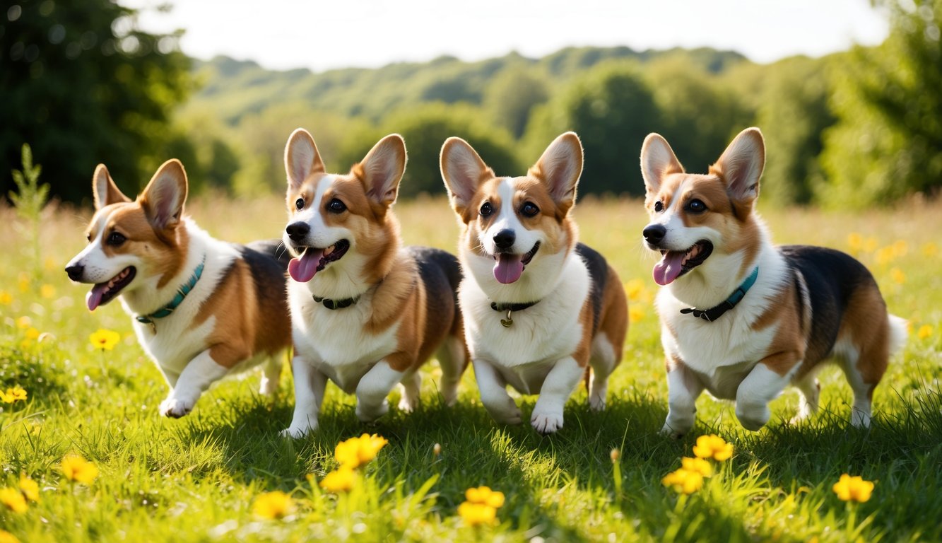 A group of adorable Pembroke Welsh Corgis playfully frolic in a sunlit meadow, their fluffy tails wagging as they explore the lush surroundings