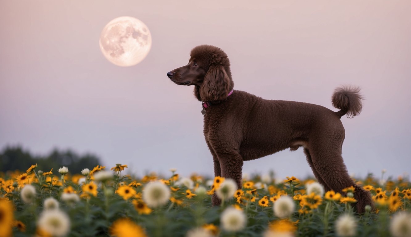 A regal standard poodle stands amidst a field of blooming moonflowers, its elegant silhouette illuminated by the soft glow of the full moon