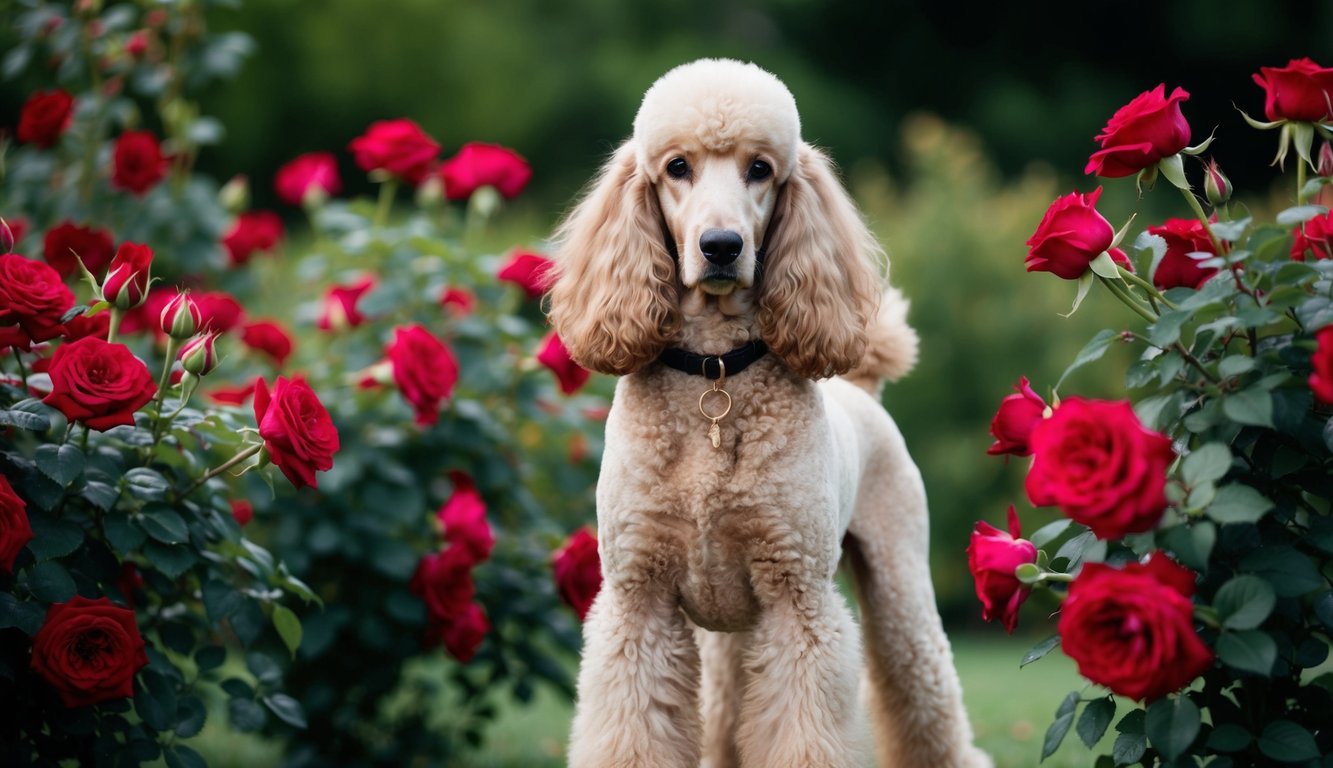 A regal standard poodle stands amidst a garden of ruby red roses, exuding elegance and grace