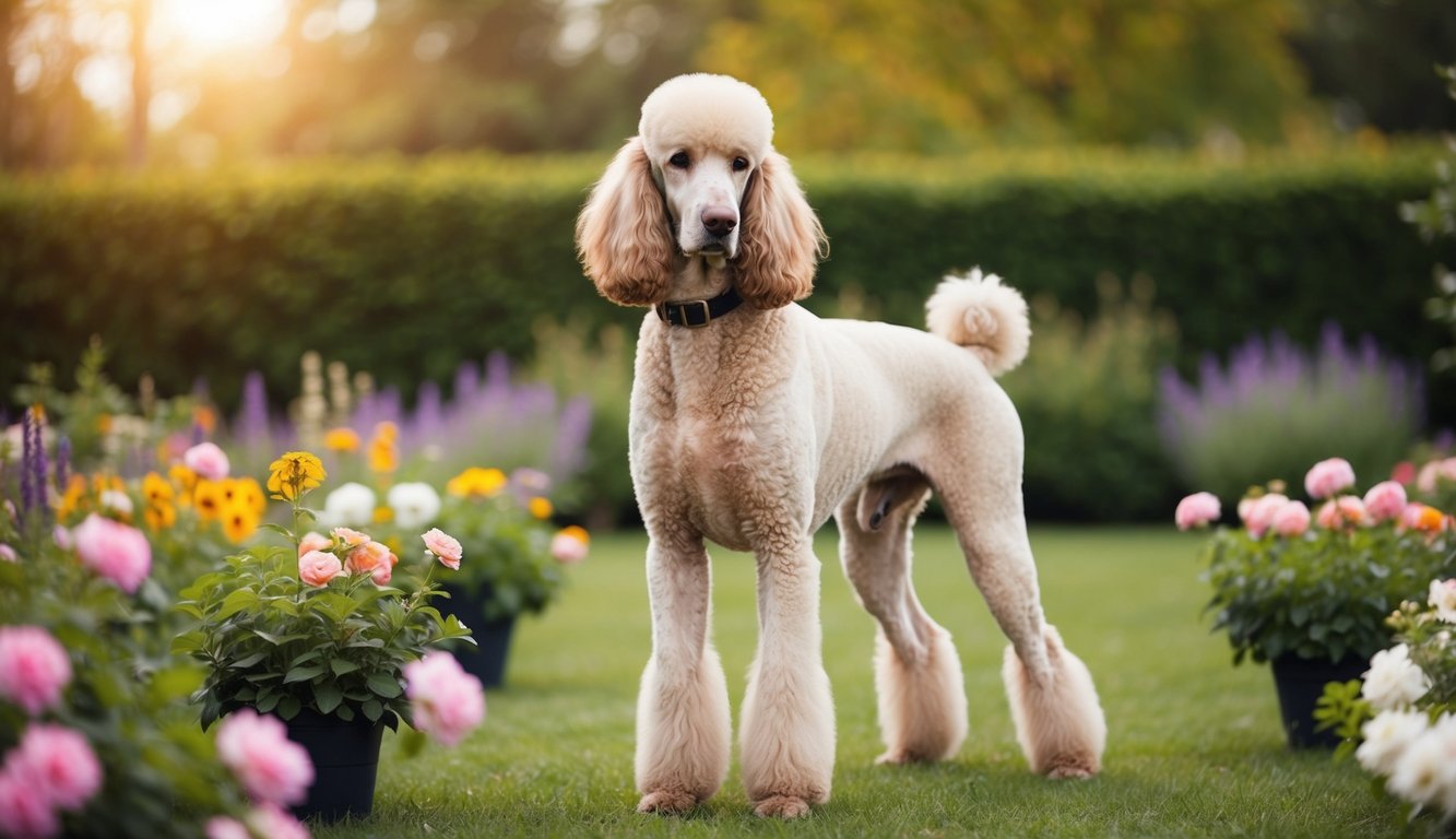 A regal standard poodle standing amidst a garden of blooming flowers, with a graceful and elegant posture