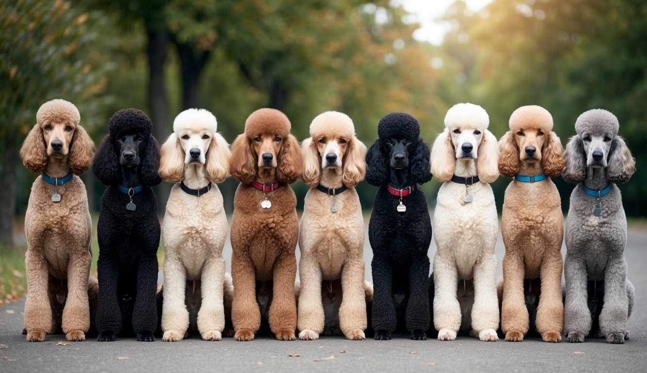 A group of 30 standard poodles standing in a row, each with a regal and elegant posture, showcasing their various coat colors and patterns