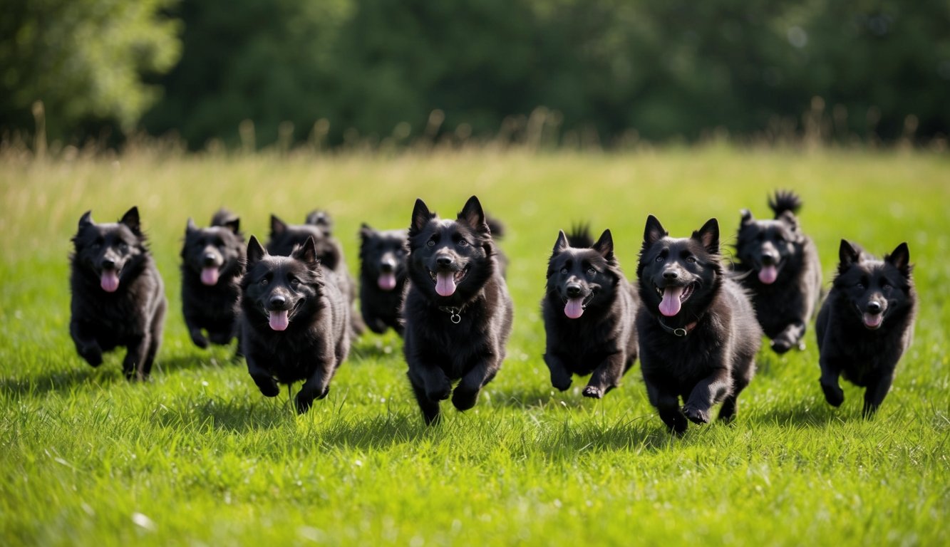 A pack of 25 Schipperkes, each with a bold name like Thor, playfully romp through a lush green meadow, their fluffy black coats contrasting against the vibrant grass