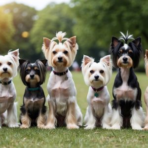 Six small dogs with trendy hairstyles sit side by side on the grass in a park, with trees and sunlight in the background. These little companions could be perfect for those seeking popular dog names or unique Chinese Crested dog names to suit their stylish flair.