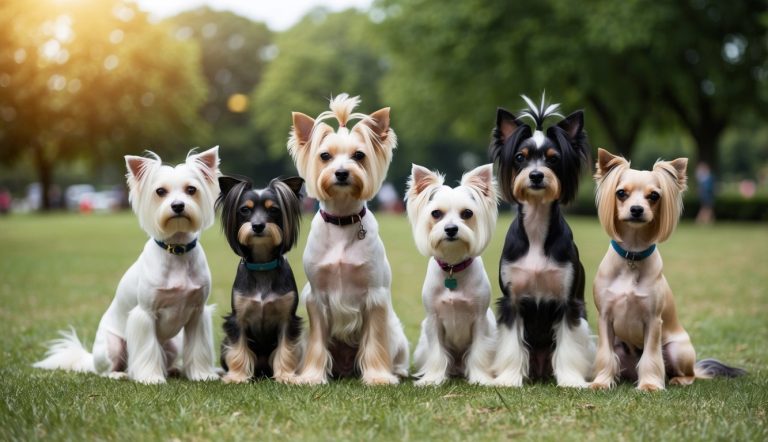 Six small dogs with trendy hairstyles sit side by side on the grass in a park, with trees and sunlight in the background. These little companions could be perfect for those seeking popular dog names or unique Chinese Crested dog names to suit their stylish flair.