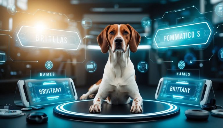 A dog sits on a futuristic platform, surrounded by holographic screens showcasing trendy picks of similar names like "Unique Picks" and "Pommatico S" in a tech-themed environment.