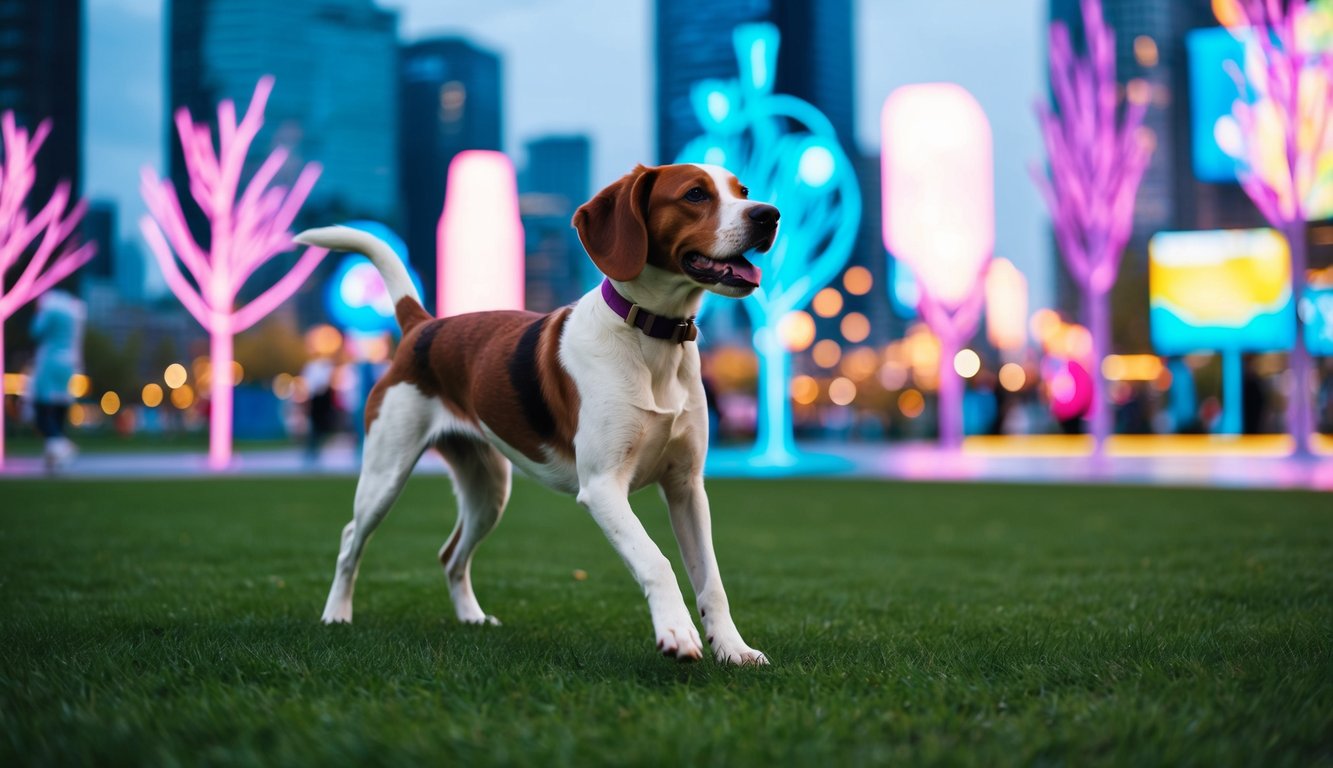 A beagle named Luna stands alert on grass in a city park during twilight. Colorful, illuminated tree sculptures and blurred skyscrapers create a magical backdrop, reflecting the trendy dog names popular in urban settings.