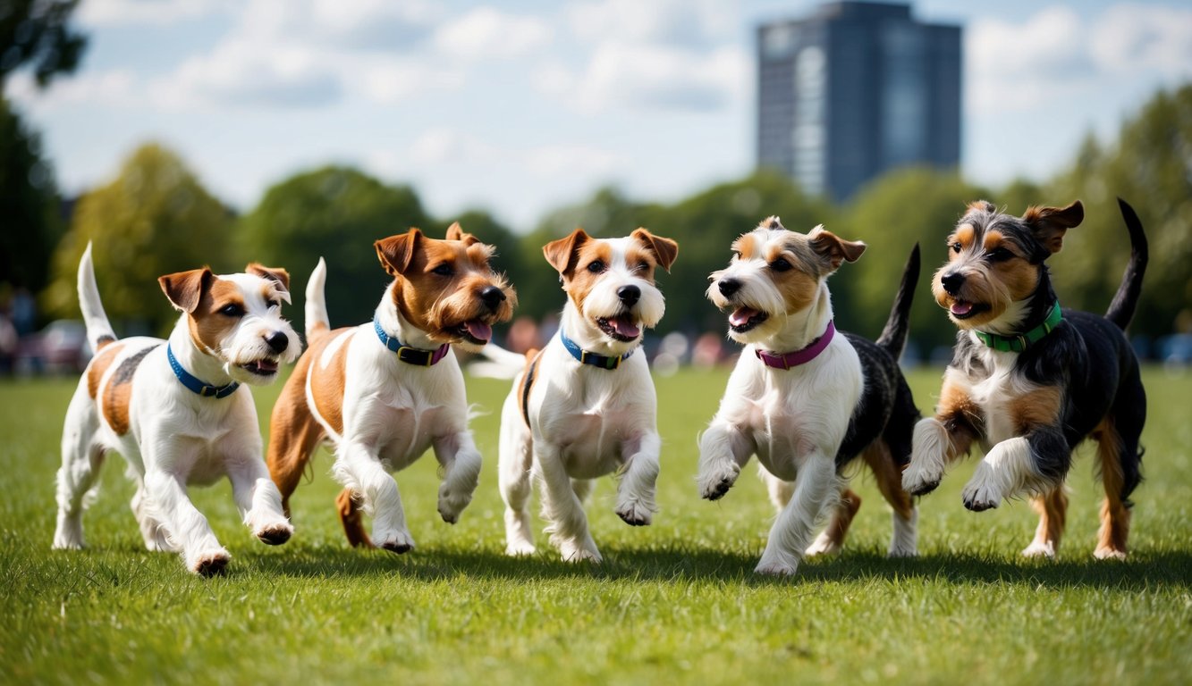 A group of Biewer Terrier dogs playfully interacting in a park, with a variety of colors and patterns in their fur