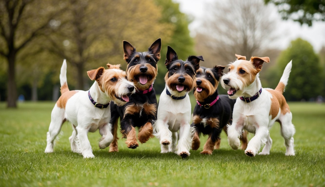 A group of Biewer Terrier dogs playfully interacting in a park, showcasing their unique personalities and breed characteristics