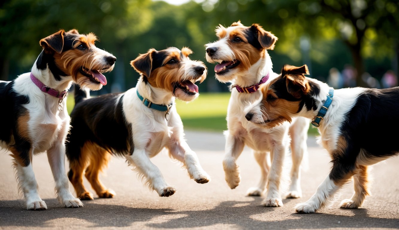 A group of Biewer Terrier dogs playfully interacting in a park setting, with their distinct markings and fluffy coats on display
