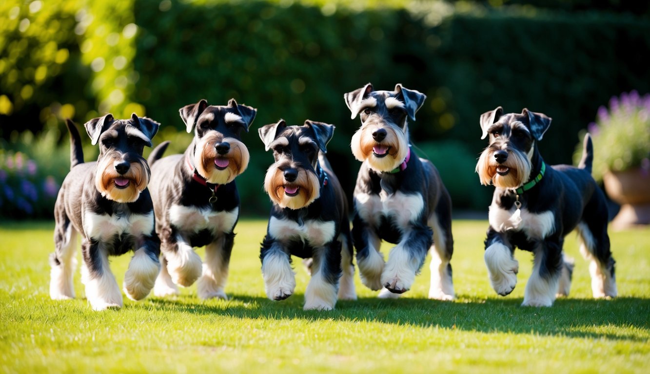 A pack of Standard Schnauzers with unique names playing in a sunlit garden
