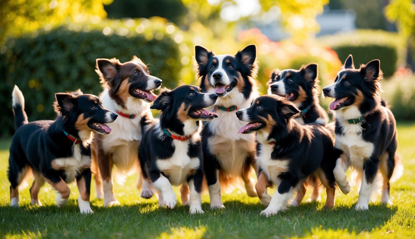 A group of 25 Miniature American Shepherds playfully interact in a charming outdoor setting, surrounded by greenery and sunshine