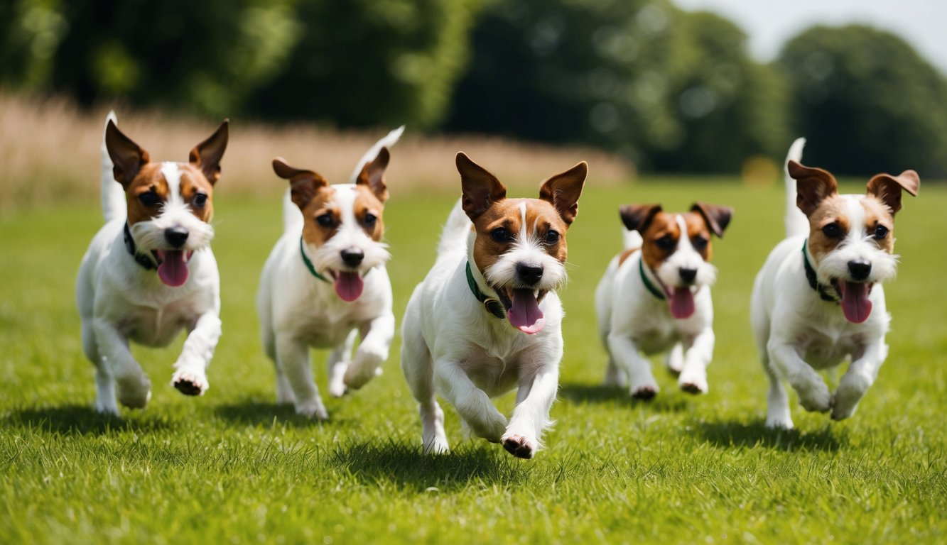 A group of Parson Russell Terriers running and playing in a grassy field, their tails wagging and tongues lolling in excitement