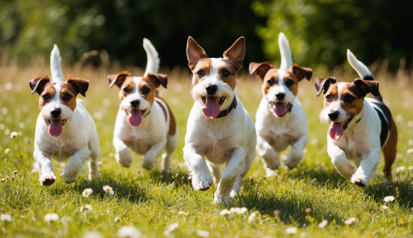 A group of lively Parson Russell Terriers playfully romp through a sun-dappled meadow, their tails wagging and tongues lolling with excitement