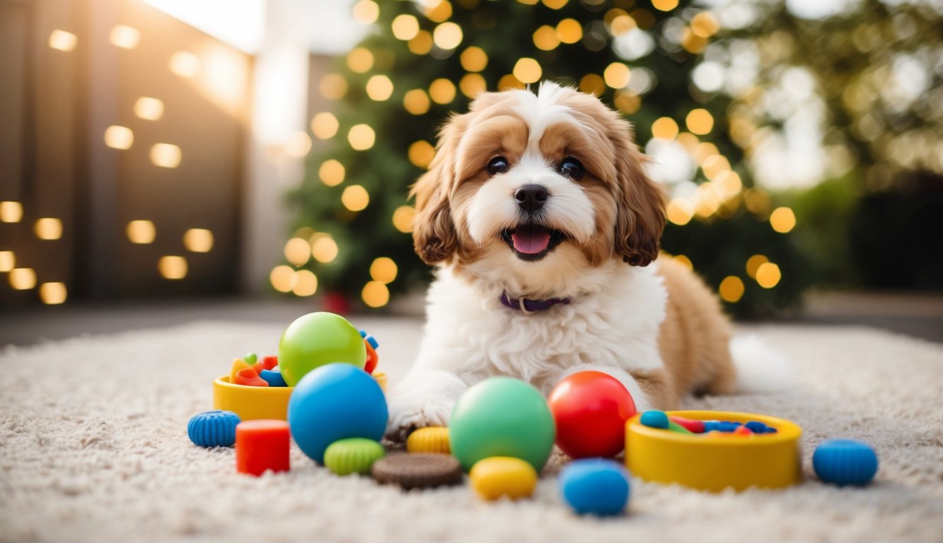 A fluffy new pup sits on a rug surrounded by colorful toys, with a decorated tree and glowing lights in the background, offering cute ideas for Pomapoo names.