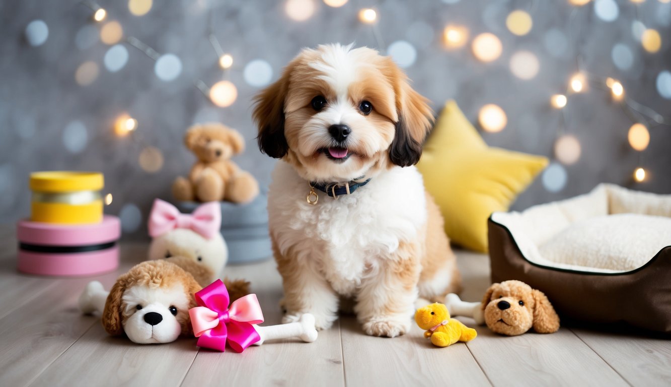 Fluffy puppy sitting on a wooden floor surrounded by toys, including plush animals, a pink and yellow pillow, and a dog bed. Soft lights in the background create a cozy ambiance—perfect for new pup owners seeking cute ideas for their Pomapoo names.