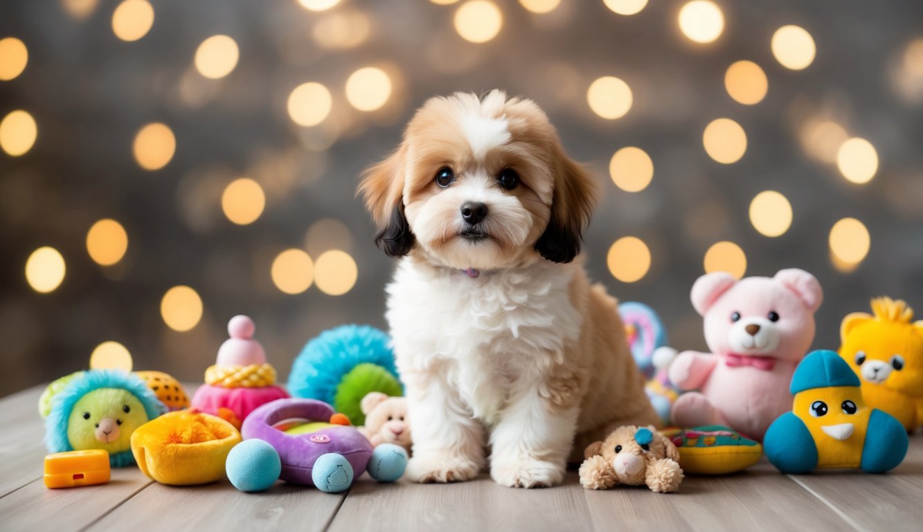 A fluffy Pomapoo puppy sits on a table surrounded by colorful stuffed toys, with blurred yellow lights in the background—a scene perfect for sparking cute ideas or inspiring delightful puppy names.