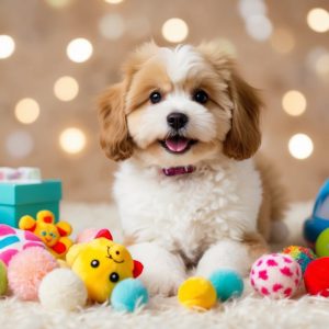A new pup snuggles amidst a scatter of colorful toys and gift boxes on a soft surface, with blurry lights twinkling in the background, sparking cute ideas for Pomapoo names.