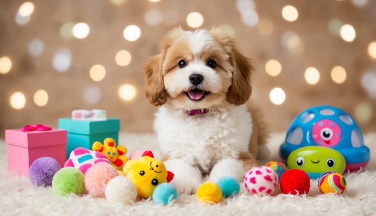 A new pup snuggles amidst a scatter of colorful toys and gift boxes on a soft surface, with blurry lights twinkling in the background, sparking cute ideas for Pomapoo names.