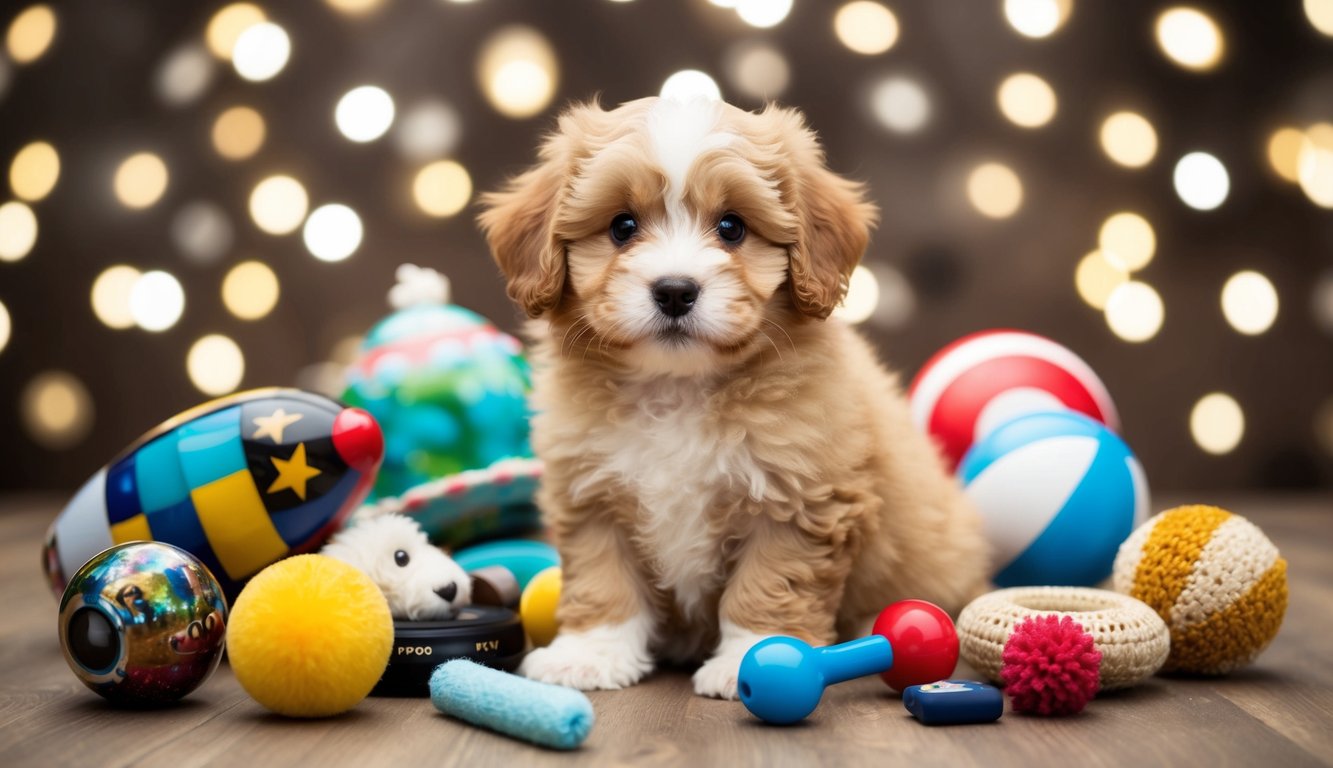 A fluffy new pup sits surrounded by colorful dog toys on a wooden floor, with soft-focus lights in the background. Considering it's a Pomapoo, maybe you'll get some cute ideas for names while watching this adorable scene unfold.