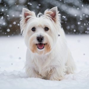 A fluffy white Westie stands in the snow, surrounded by falling snowflakes.
