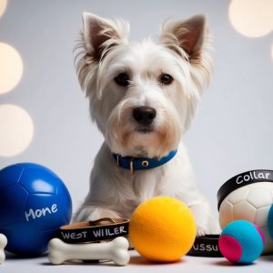 A West Highland White Terrier, proudly sporting a blue collar, sits surrounded by various toys, including colorful balls and bone-shaped items. The adorable Westie moniker seems to suit this playful pup perfectly against the soft background with circular lights.